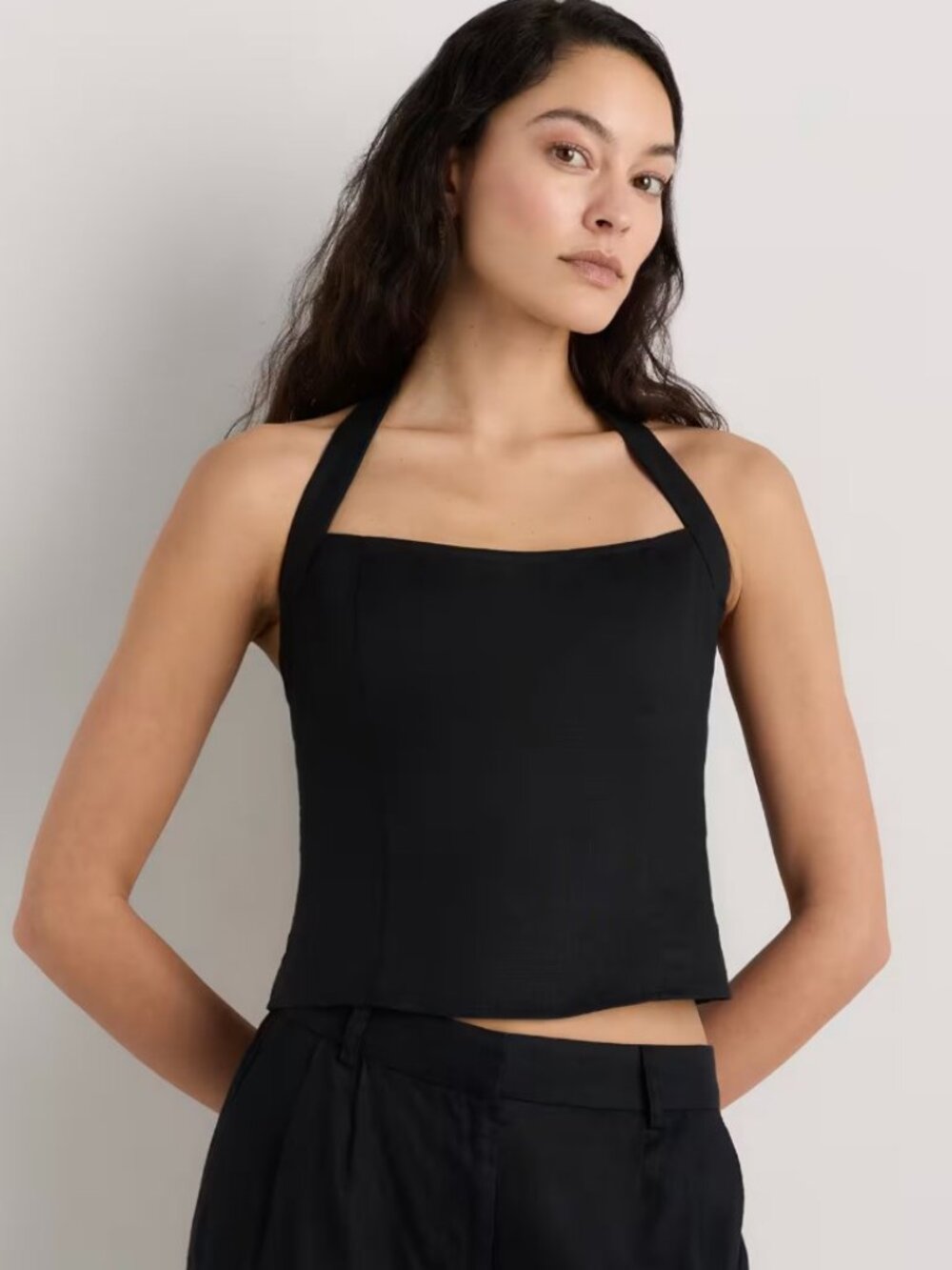 Quince Black 100% European Linen Halter Top Size L NWT